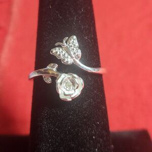 Butterfly & Rose Diamond Accent Sterling Silver Ring